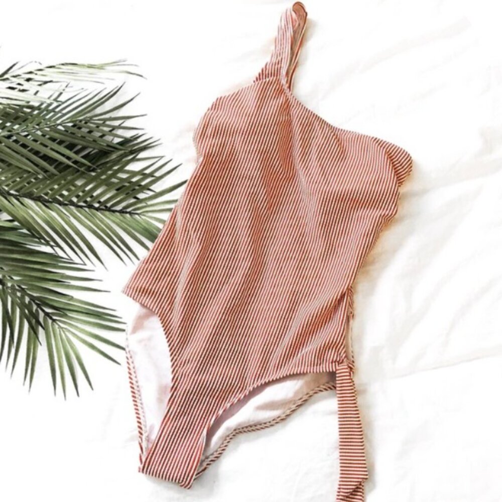 NWT Indigo Rein One-Shoulder Seersucker 1-Piece Swimsuit in Sienna/White, Size S